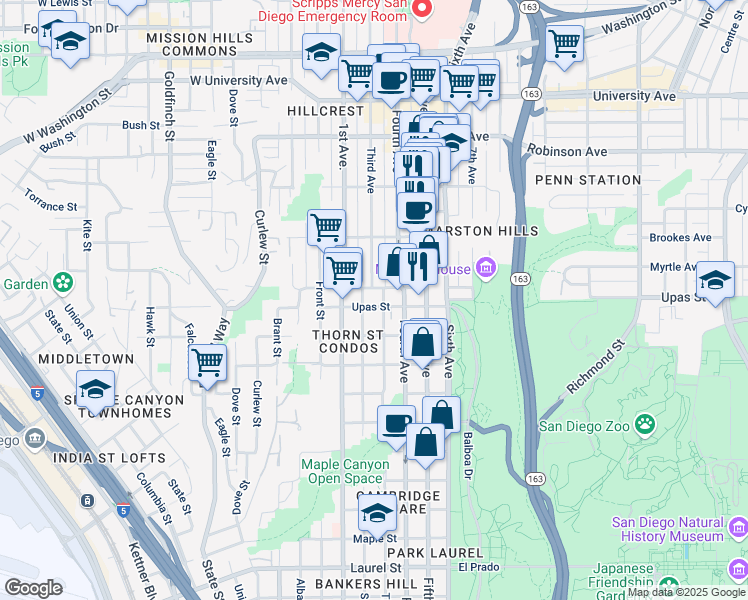 map of restaurants, bars, coffee shops, grocery stores, and more near 313 West Upas Street in San Diego