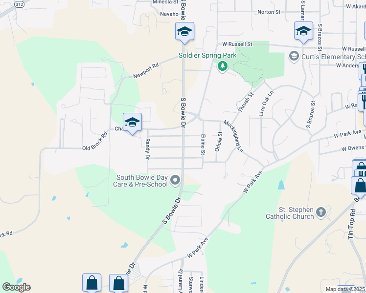 map of restaurants, bars, coffee shops, grocery stores, and more near 1498 South Bowie Drive in Weatherford
