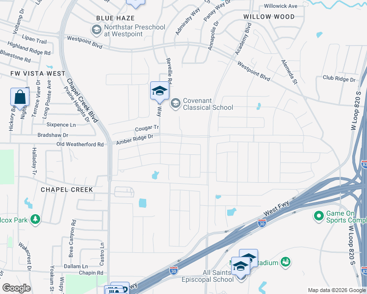 map of restaurants, bars, coffee shops, grocery stores, and more near 9832 Huntersville Trl in Fort Worth