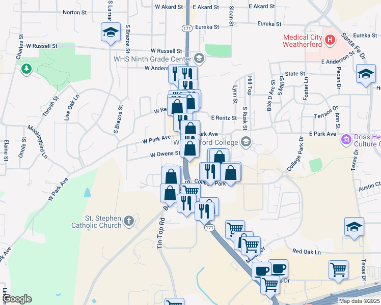 map of restaurants, bars, coffee shops, grocery stores, and more near 1419 South Main Street in Weatherford