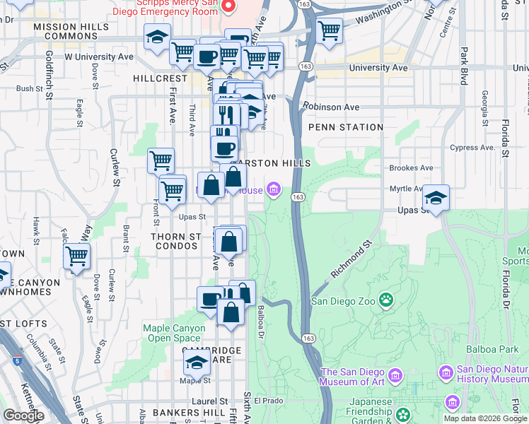 map of restaurants, bars, coffee shops, grocery stores, and more near Upas St & 7th Ave in San Diego