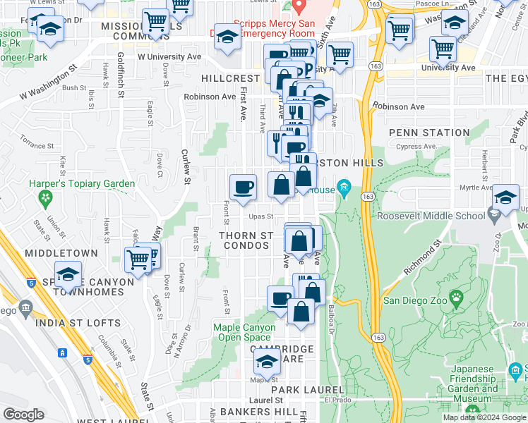 map of restaurants, bars, coffee shops, grocery stores, and more near 3450 Third Avenue in San Diego