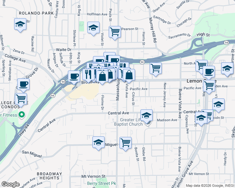 map of restaurants, bars, coffee shops, grocery stores, and more near 11403 Westview Place in Lemon Grove