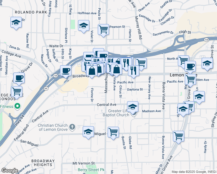 map of restaurants, bars, coffee shops, grocery stores, and more near 3255 Massachusetts Avenue in Lemon Grove