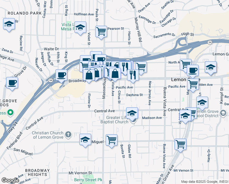 map of restaurants, bars, coffee shops, grocery stores, and more near 3257 Vista Avenue in Lemon Grove