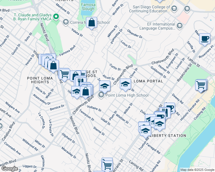 map of restaurants, bars, coffee shops, grocery stores, and more near 2404 Chatsworth Boulevard in San Diego