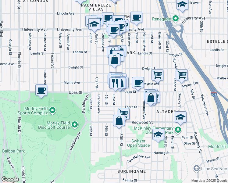map of restaurants, bars, coffee shops, grocery stores, and more near Upas St & Dale St in San Diego