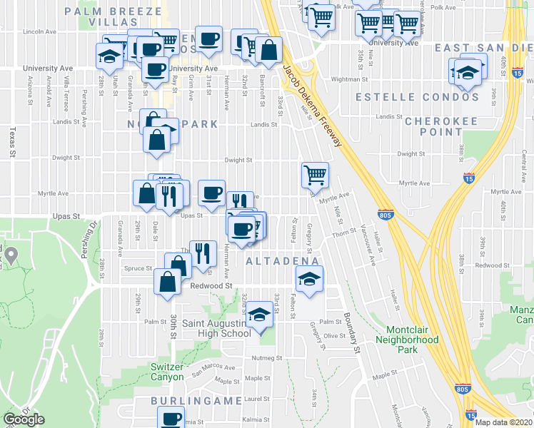 map of restaurants, bars, coffee shops, grocery stores, and more near 3363 33rd Street in San Diego
