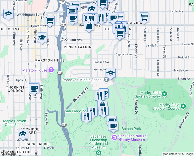 map of restaurants, bars, coffee shops, grocery stores, and more near 1501-1599 Upas Street in San Diego