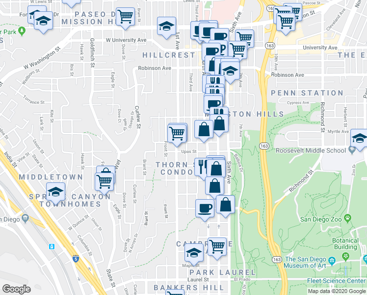 map of restaurants, bars, coffee shops, grocery stores, and more near 3356 2nd Avenue in San Diego