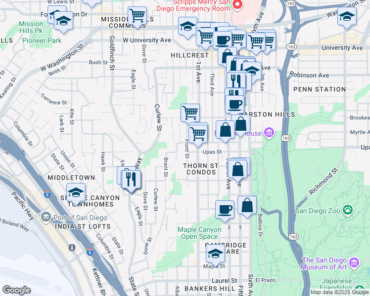 map of restaurants, bars, coffee shops, grocery stores, and more near 3350 Front Street in San Diego