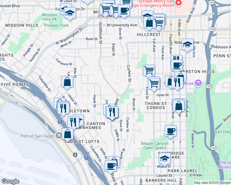 map of restaurants, bars, coffee shops, grocery stores, and more near 3350 Reynard Way in San Diego