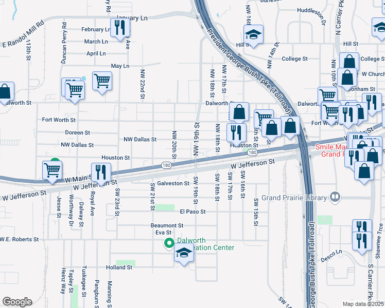 map of restaurants, bars, coffee shops, grocery stores, and more near 1830 West Main Street in Grand Prairie