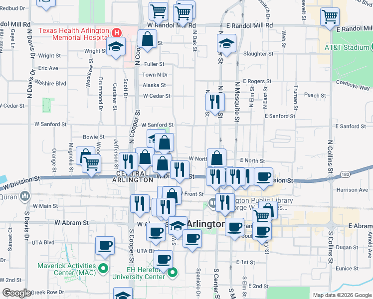 map of restaurants, bars, coffee shops, grocery stores, and more near 301 West North Street in Arlington