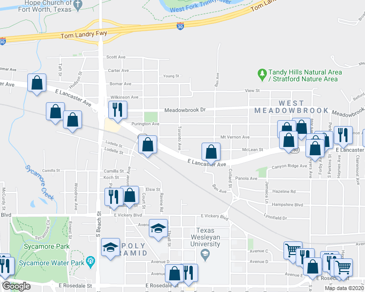 map of restaurants, bars, coffee shops, grocery stores, and more near in Fort Worth