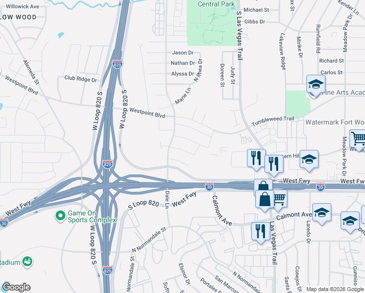 map of restaurants, bars, coffee shops, grocery stores, and more near 9213 Diane Drive in Fort Worth