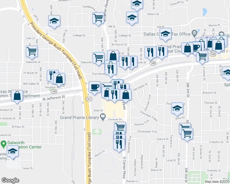 map of restaurants, bars, coffee shops, grocery stores, and more near 510 South Carrier Parkway in Grand Prairie