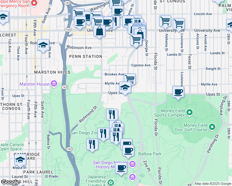 map of restaurants, bars, coffee shops, grocery stores, and more near 1599 Upas Street in San Diego