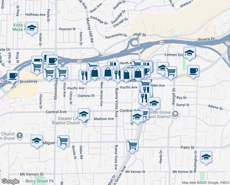 map of restaurants, bars, coffee shops, grocery stores, and more near 3260 Buena Vista Avenue in Lemon Grove