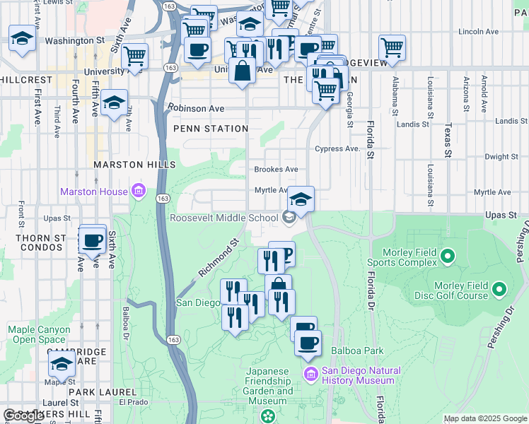 map of restaurants, bars, coffee shops, grocery stores, and more near 1495 Upas Street in San Diego