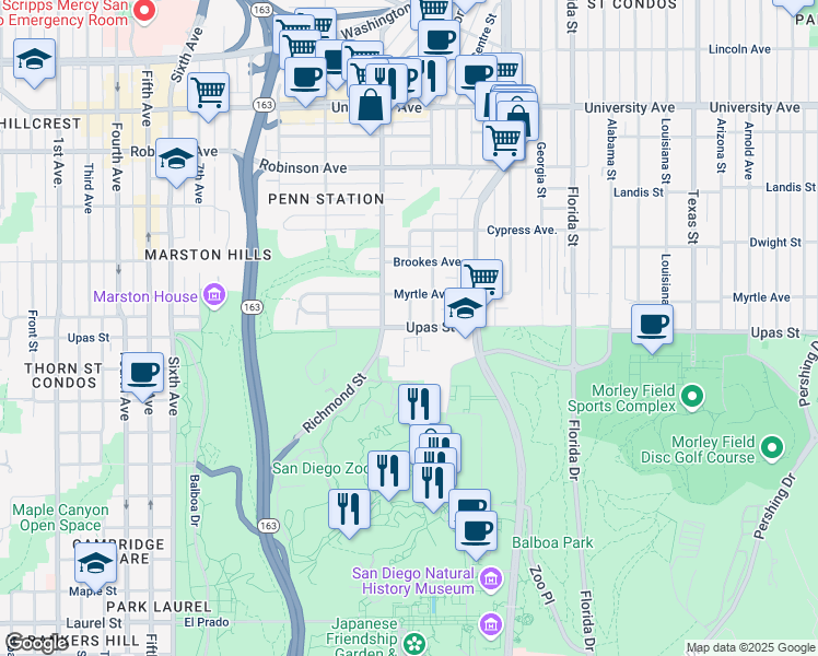 map of restaurants, bars, coffee shops, grocery stores, and more near 1495 Upas Street in San Diego
