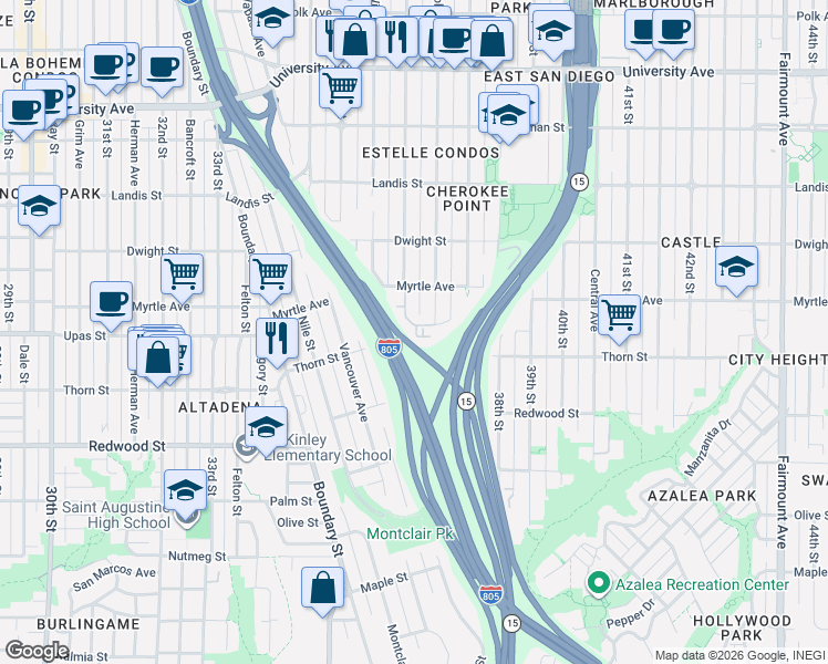 map of restaurants, bars, coffee shops, grocery stores, and more near 3350 Cherokee Avenue in San Diego