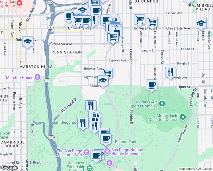 map of restaurants, bars, coffee shops, grocery stores, and more near Park Boulevard & Upas Street in San Diego