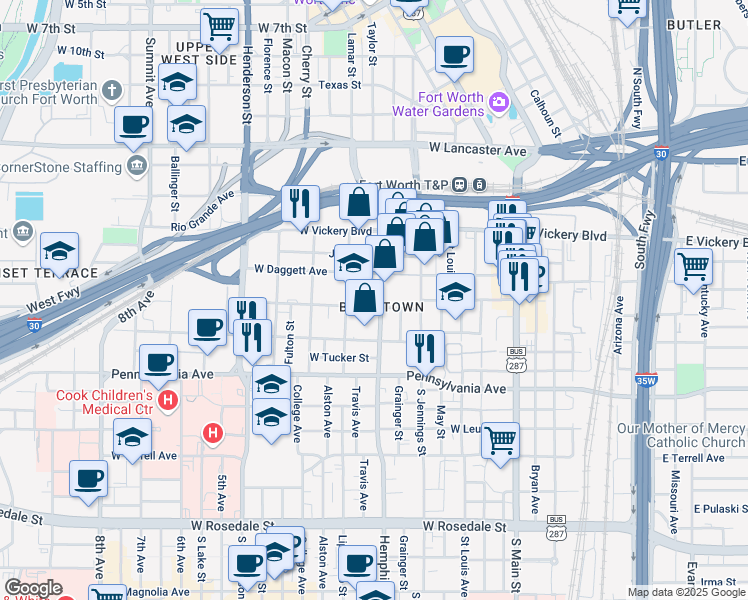 map of restaurants, bars, coffee shops, grocery stores, and more near 420 Hemphill Street in Fort Worth