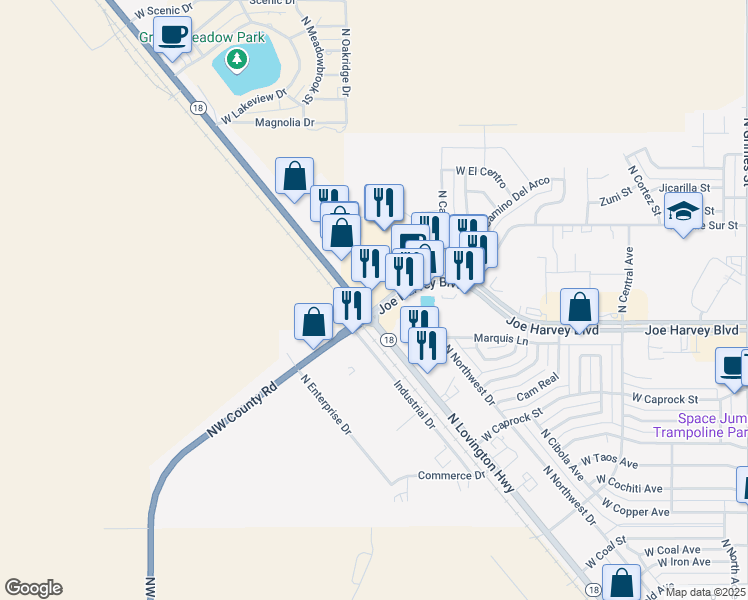 map of restaurants, bars, coffee shops, grocery stores, and more near 1824 Joe Harvey Boulevard in Hobbs