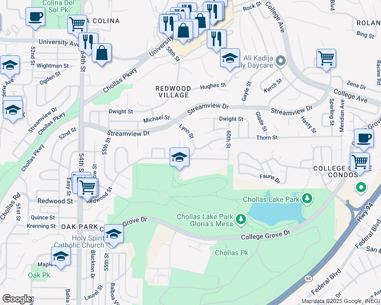 map of restaurants, bars, coffee shops, grocery stores, and more near 5827 Redwood Street in San Diego