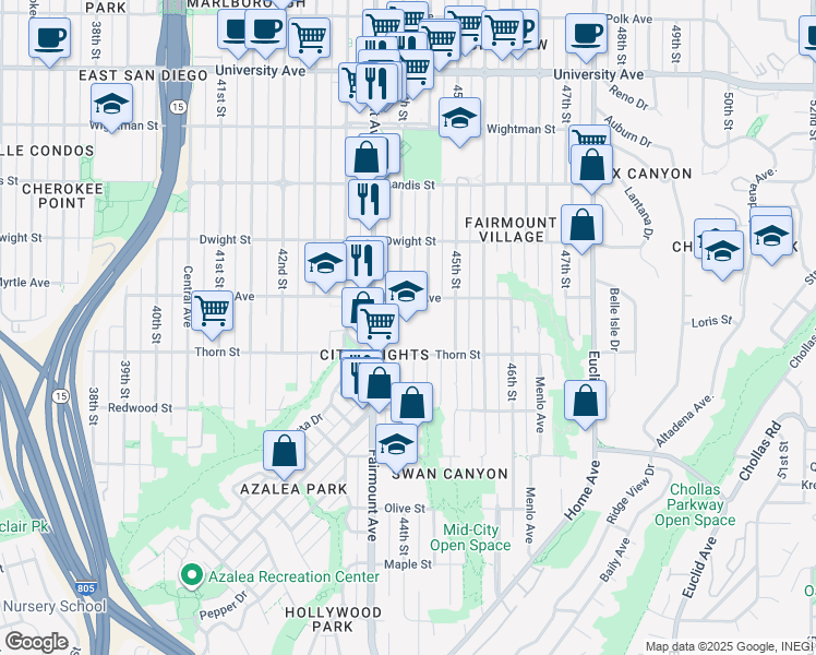 map of restaurants, bars, coffee shops, grocery stores, and more near 4388 Thorn Street in San Diego