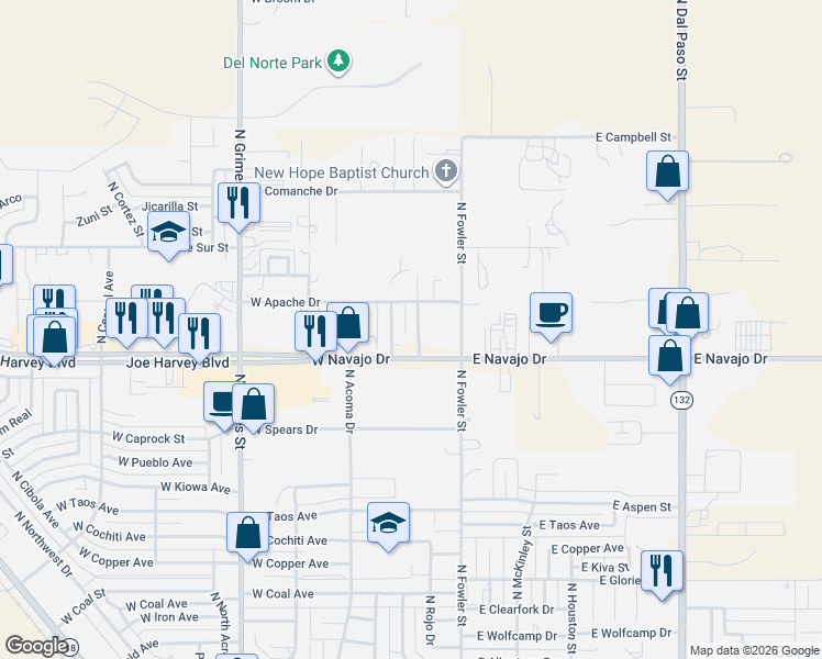 map of restaurants, bars, coffee shops, grocery stores, and more near 120 West Navajo Drive in Hobbs