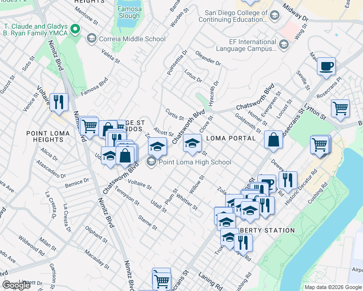 map of restaurants, bars, coffee shops, grocery stores, and more near 3444 Zola Street in San Diego
