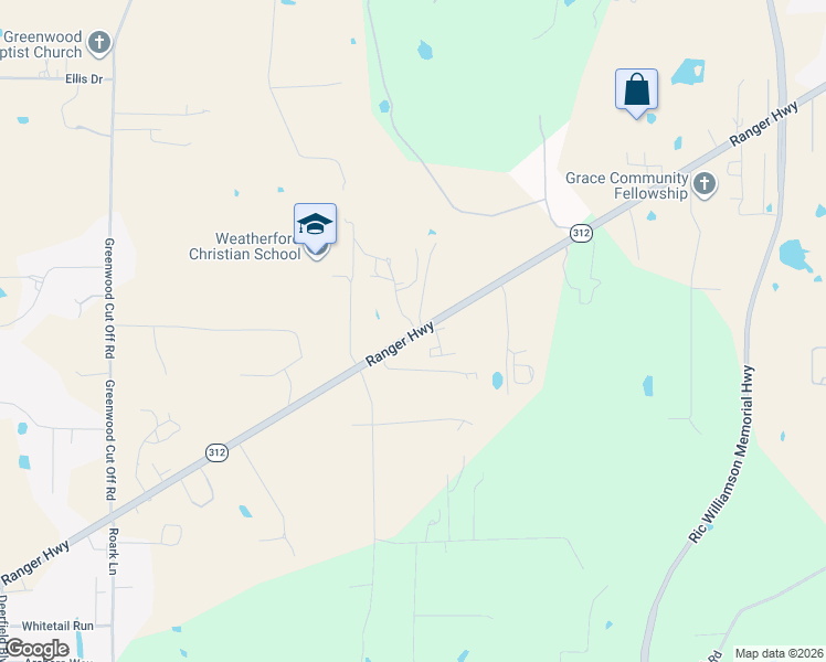 map of restaurants, bars, coffee shops, grocery stores, and more near 2144 Ranger Highway in Weatherford
