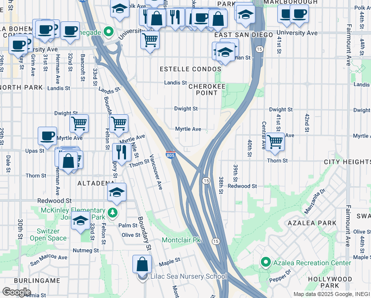 map of restaurants, bars, coffee shops, grocery stores, and more near 3340 Cherokee Avenue in San Diego