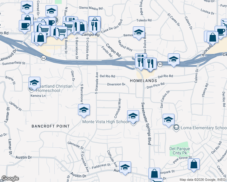 map of restaurants, bars, coffee shops, grocery stores, and more near 10050 Cristobal Drive in Spring Valley