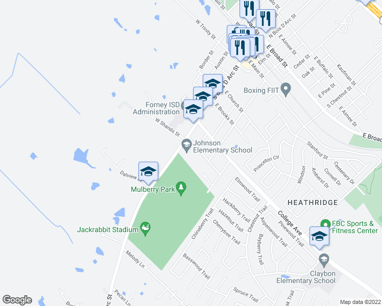 map of restaurants, bars, coffee shops, grocery stores, and more near 701 South Bois D Arc Street in Forney