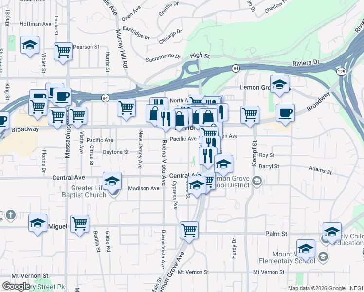 map of restaurants, bars, coffee shops, grocery stores, and more near 3280 Olive Street in Lemon Grove