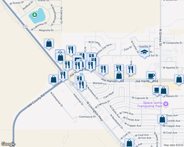 map of restaurants, bars, coffee shops, grocery stores, and more near 1609 Joe Harvey Boulevard in Hobbs