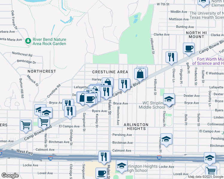 map of restaurants, bars, coffee shops, grocery stores, and more near 1901 Hulen Street in Fort Worth