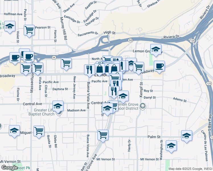 map of restaurants, bars, coffee shops, grocery stores, and more near in Lemon Grove