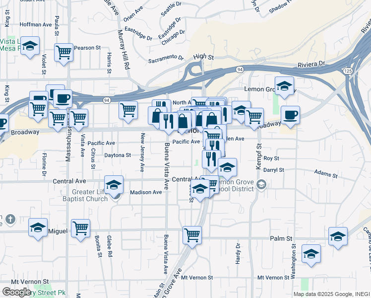 map of restaurants, bars, coffee shops, grocery stores, and more near 3240 Olive Street in Lemon Grove