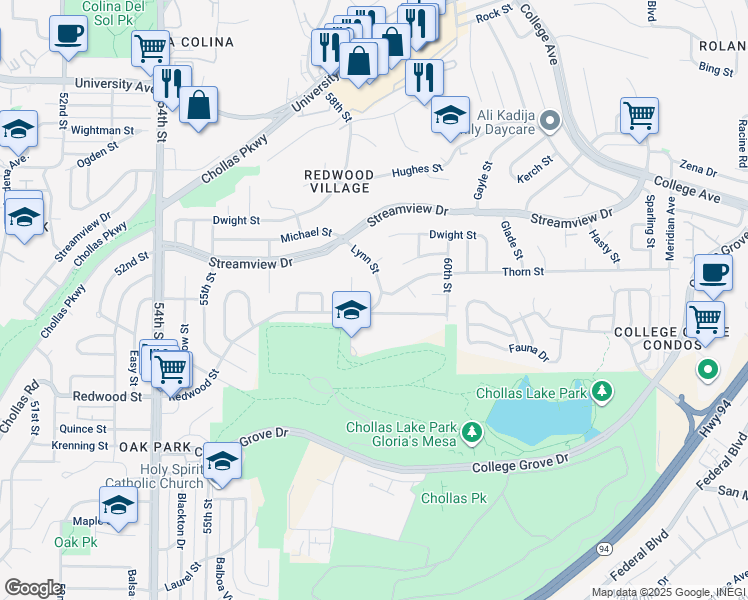 map of restaurants, bars, coffee shops, grocery stores, and more near 5827 Redwood Street in San Diego