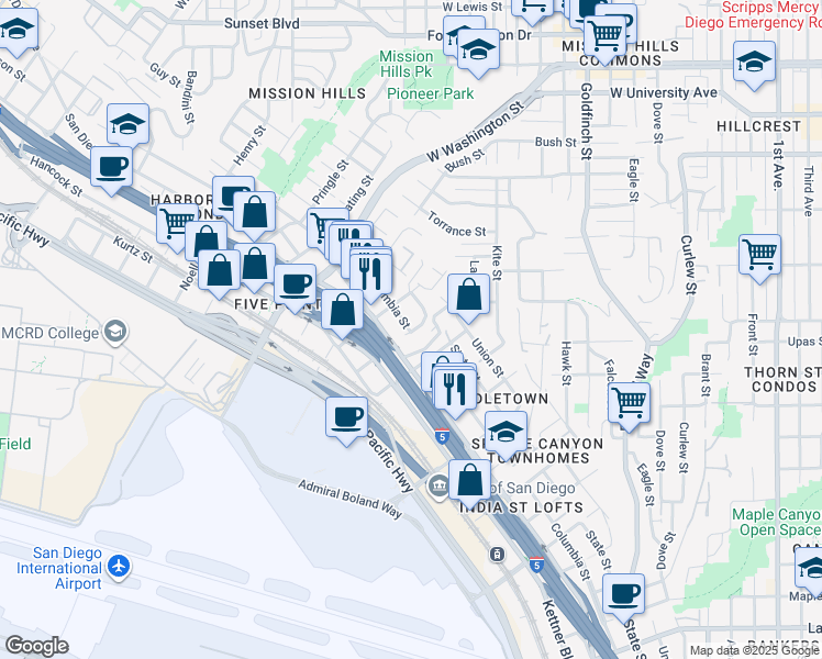 map of restaurants, bars, coffee shops, grocery stores, and more near 3585 India Street in San Diego