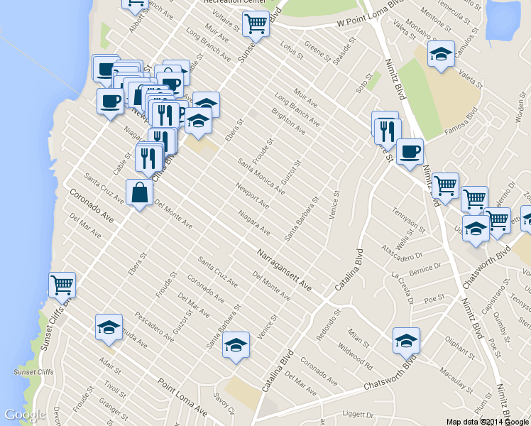 map of restaurants, bars, coffee shops, grocery stores, and more near 4499 Niagara Avenue in San Diego