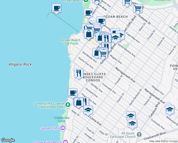 map of restaurants, bars, coffee shops, grocery stores, and more near 4825 Coronado Avenue in San Diego