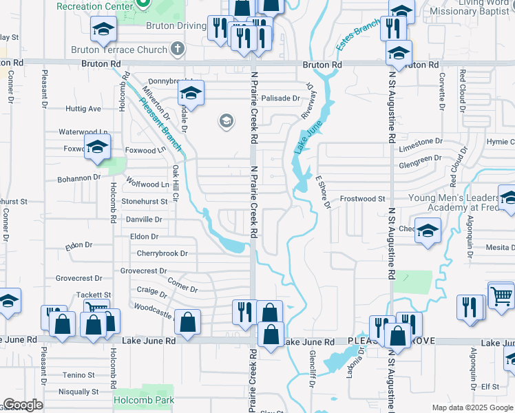 map of restaurants, bars, coffee shops, grocery stores, and more near 1647 North Prairie Creek Road in Dallas