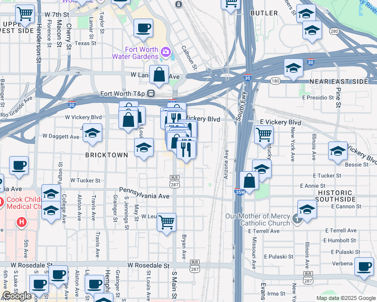 map of restaurants, bars, coffee shops, grocery stores, and more near 400 Crawford Street in Fort Worth