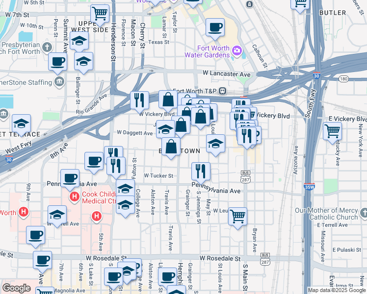 map of restaurants, bars, coffee shops, grocery stores, and more near 420 Hemphill Street in Fort Worth