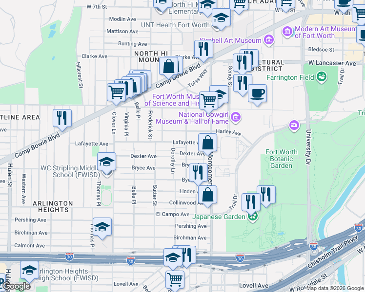 map of restaurants, bars, coffee shops, grocery stores, and more near 3705 Dexter Avenue in Fort Worth
